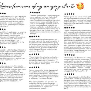 May include: A collage of customer reviews for a tarot card reader. The reviews are positive and highlight the reader's accuracy, intuition, and kindness. The reviews are written in a conversational style and include quotes from satisfied customers.