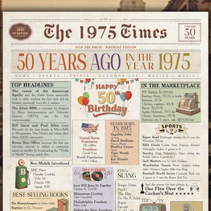 50th Birthday. 50th Birthday Gift. 50th Birthday Card. Downloadable Birthday Card. 50th Birthday Newspaper. Born 1975. Gift for 50 Birthday.