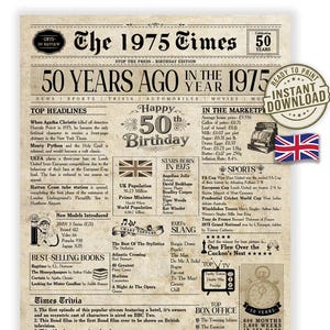 50th Birthday. 50th Birthday Gift. 50th Birthday Card. Downloadable Birthday Card. 50th Birthday Newspaper. Born 1975. Gift for 50 Birthday.