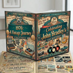 May include: A vintage-themed book open on a white surface, celebrating a 50th birthday. The cover features teal and gold accents with the text "1976: A Vintage Journey" and "Celebrating John Bradley's 50th Birthday". Inside, there are vintage illustrations and text.