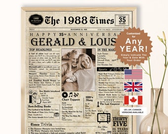 May include: A vintage newspaper-style print with a black and white photo of a couple, a headline that reads "Happy 35th Anniversary Gerald & Lou", and a list of events from 1988. The print is framed in a brown wood frame.