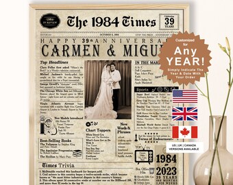 May include: A vintage newspaper-style print with a black and white photo of a couple in the center. The headline reads "The 1984 Times" and "Happy 39th Anniversary Carmen & Miguel". The print includes a list of top headlines, best-selling books, chart toppers, new words and phrases, sports, and box office hits from 1984. The print also includes a timeline of events from 1984 to 2023.