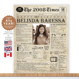 16th Birthday Gift | 2008 Newspaper | Sweet 16 Gift for Girls and Boys | Sweet Sixteen | 16 Birthday Gift Idea | 16 Years Old | Gift for 16