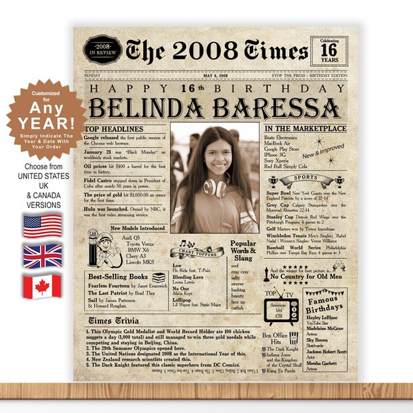 16th Birthday Gift | 2008 Newspaper | Sweet 16 Gift for Girls and Boys | Sweet Sixteen | 16 Birthday Gift Idea | 16 Years Old | Gift for 16