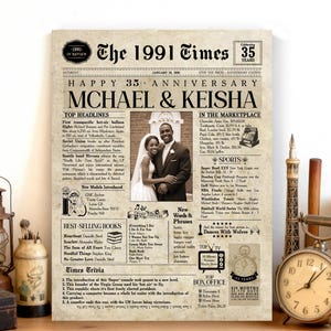 35th Anniversary Gift. Anniversary Newspaper for him & her. Married 35 Years.