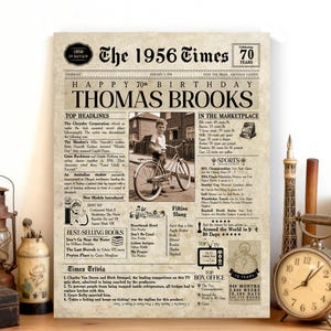 70th Birthday Gift. 1956 70th Birthday Personalized Birthday Newspaper.  70 Birthday Card for Him & Her. 70th Gift for Men and Women.
