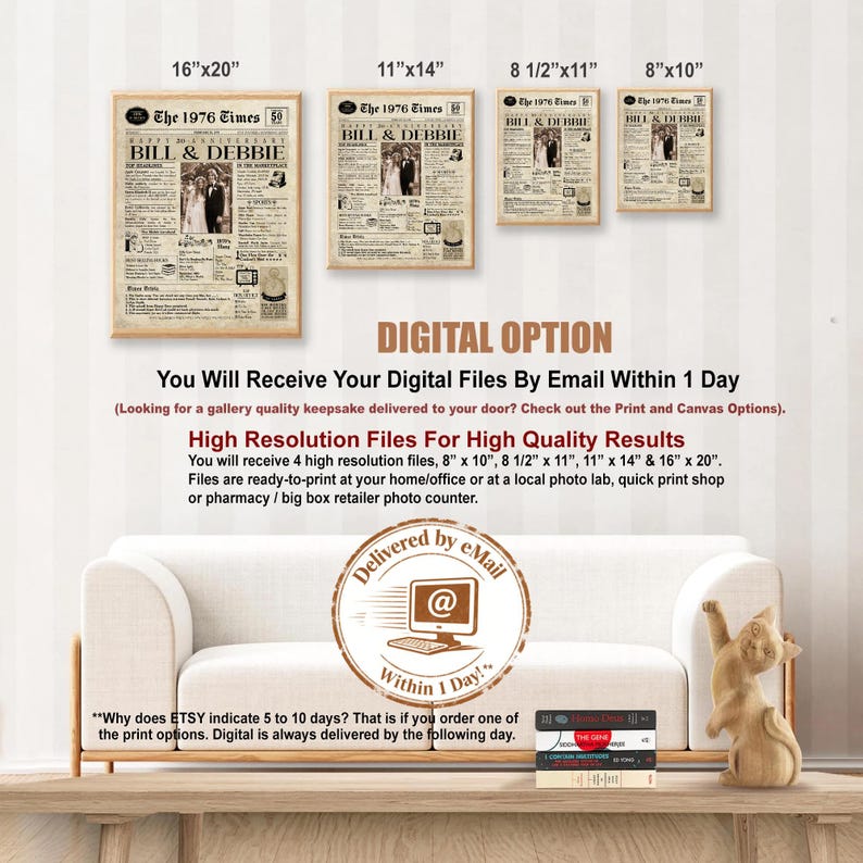 Wedding Anniversary | ANY YEAR Anniversary Gift | Digital Ready To Print or Canvas. Newspaper Personalized Anniversary Card Poster. imagen 3