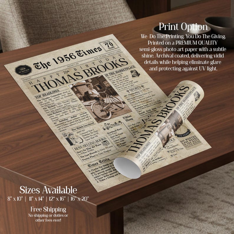 70th Birthday Gift. 1956 70th Birthday Personalized Birthday Newspaper. 70 Birthday Card for Him & Her. 70th Gift for Men and Women. image 4
