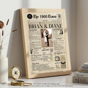 60th Anniversary Gift | 60 Years Anniversary Card | 1966 Personalized Anniversary Card | Husband Gift | Wife Gift | Parent Gift | Newspaper imagem 7