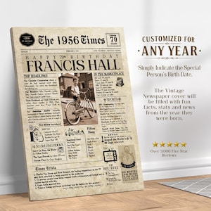 70th Birthday Gift, 70 Birthday Newspaper, 70th Birthday Gift for Men and Women, 70 Years Old, 1956 Birthday Gift, 70th Gift image 8