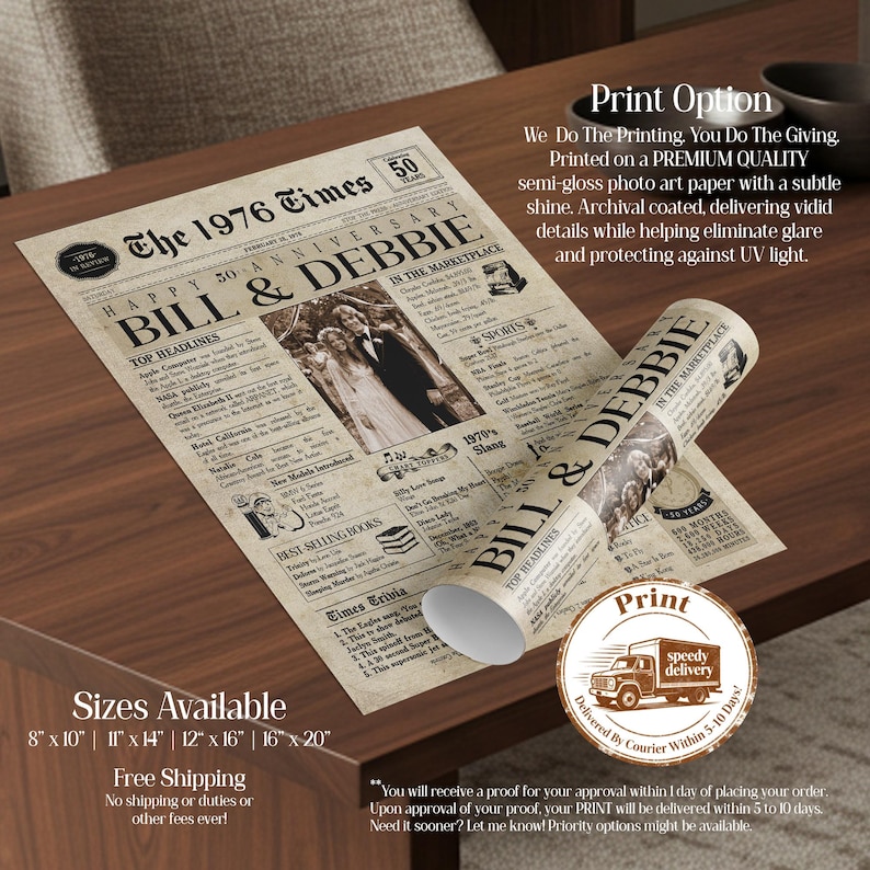 Wedding Anniversary | ANY YEAR Anniversary Gift | Digital Ready To Print or Canvas. Newspaper Personalized Anniversary Card Poster. imagen 4
