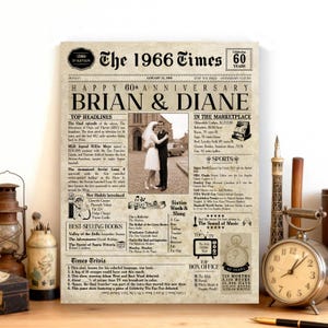 60th Anniversary Gift | 60 Years Anniversary Card | 1966 Personalized Anniversary Card | Husband Gift | Wife Gift | Parent Gift | Newspaper imagem 9