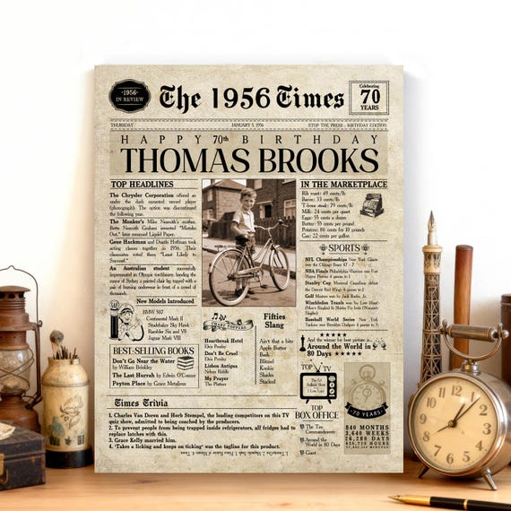 70th Birthday Gift. 1956 70th Birthday Personalized Birthday Newspaper.  70 Birthday Card for Him & Her. 70th Gift for Men and Women.