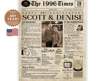 29th Anniversary Gift | 29th Anniversary Gift For Men & Women | Married in 1996 | Anniversary Newspaper for Couple. 29th Anniversary Card