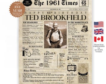 65th Birthday Newspaper Gift | 1965 News and Trivia Keepsake (Digital  & Print Options)