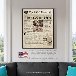 70th Birthday Gift. 1956 70th Birthday Personalized Birthday Newspaper. 70 Birthday Card for Him & Her. 70th Gift for Men and Women. image 6