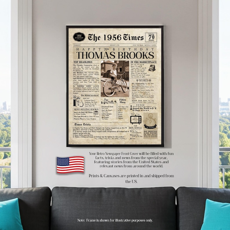 70th Birthday Gift. 1956 70th Birthday Personalized Birthday Newspaper. 70 Birthday Card for Him & Her. 70th Gift for Men and Women. image 6
