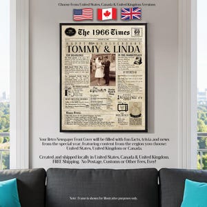 60th Anniversary Gift | 60 Years Anniversary Card | 1966 Personalized Anniversary Card | Husband Gift | Wife Gift | Parent Gift | Newspaper imagem 6