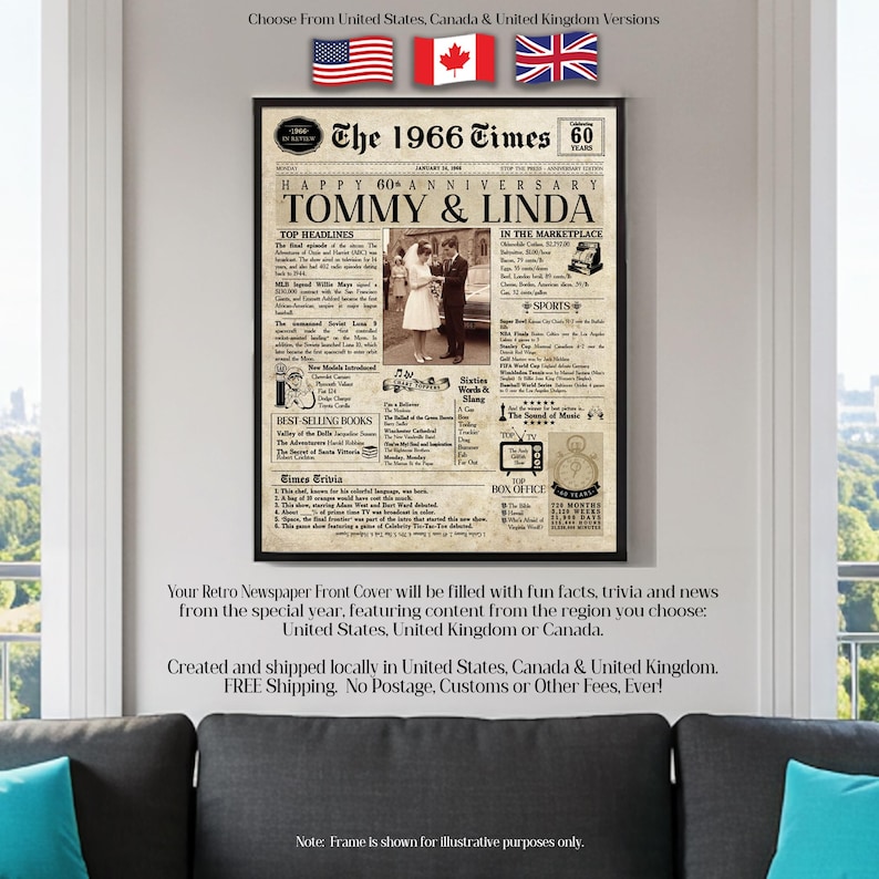 60th Anniversary Gift | 60 Years Anniversary Card | 1966 Personalized Anniversary Card | Husband Gift | Wife Gift | Parent Gift | Newspaper imagem 6