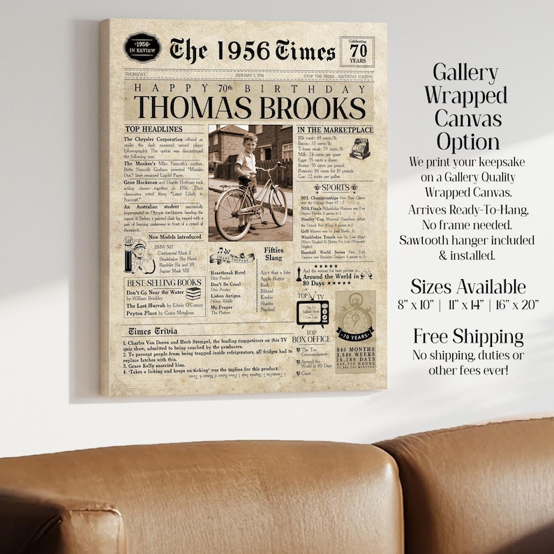 70th Birthday Gift. 1956 70th Birthday Personalized Birthday Newspaper. 70 Birthday Card for Him & Her. 70th Gift for Men and Women. image 5