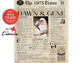 May include: A vintage newspaper style 50th anniversary print for Dawn & Gene, featuring a photo of the couple, a timeline of events from 1975, and a list of best-selling books and movies from that year.