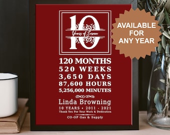 10 Years Work Anniversary |  10 Years of Service Award | Employee Recognition | Employee Thank You Gift | Employee Appreciation | Work Gift