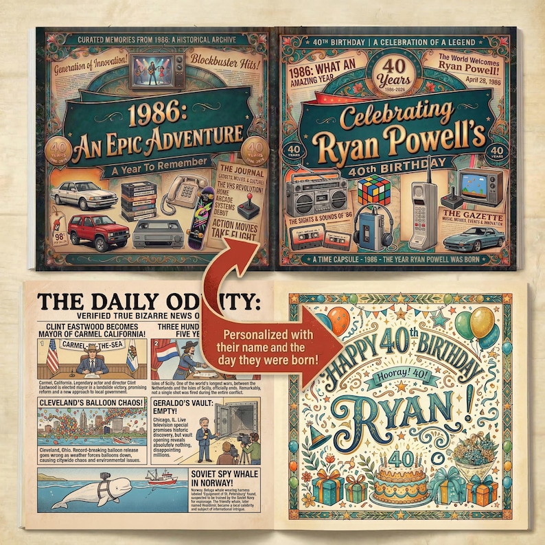 May include: A vintage-style book spread with a personalized 40th birthday theme. The left page highlights 1986 events, while the right page celebrates Ryan Powell's 40th. Includes a newspaper-style page with headlines and a birthday message.