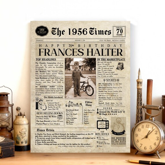 70th Birthday Gift, 70 Birthday Newspaper,  70th Birthday Gift for Men and Women, 70 Years Old, 1956 Birthday Gift, 70th Gift
