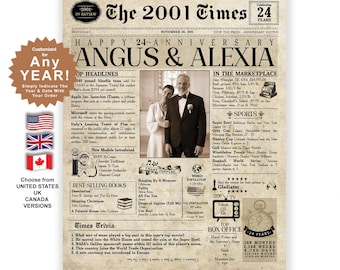 May include: A personalized newspaper print celebrating a 24th anniversary, featuring a couple's photo and headlines from 2001. Includes text like "Happy Anniversary" and "The 2001 Times."