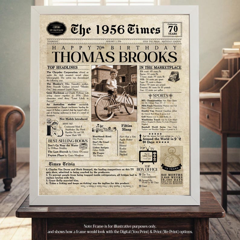 70th Birthday Gift. 1956 70th Birthday Personalized Birthday Newspaper. 70 Birthday Card for Him & Her. 70th Gift for Men and Women. image 10
