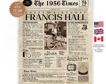 70th Birthday Gift, 70 Birthday Newspaper,  70th Birthday Gift for Men and Women, 70 Years Old, 1956 Birthday Gift, 70th Gift