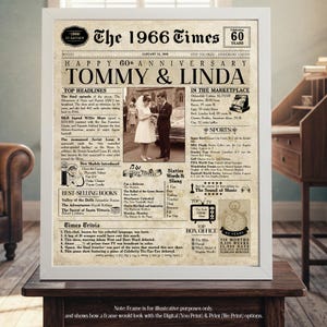 60th Anniversary Gift | 60 Years Anniversary Card | 1966 Personalized Anniversary Card | Husband Gift | Wife Gift | Parent Gift | Newspaper imagem 11
