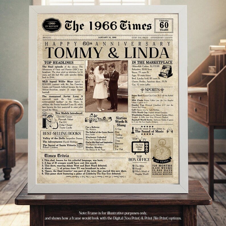 60th Anniversary Gift | 60 Years Anniversary Card | 1966 Personalized Anniversary Card | Husband Gift | Wife Gift | Parent Gift | Newspaper imagem 11