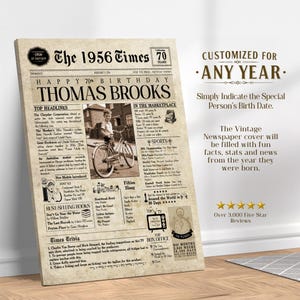 70th Birthday Gift. 1956 70th Birthday Personalized Birthday Newspaper. 70 Birthday Card for Him & Her. 70th Gift for Men and Women. image 8