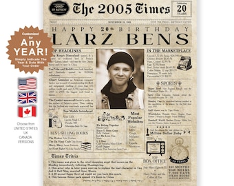 20th Birthday Gift, Gift for 20 Birthday, 20th Birthday Newspaper, 20th Birthday Gift for Men or Women, 20th Birthday Card for Him & Her