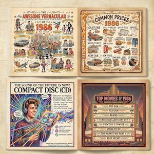 May include: Four vintage-style posters with illustrations and text. One poster highlights 1986 slang and culture, another lists common prices, a third promotes the Compact Disc, and the last showcases top movies of 1986.
