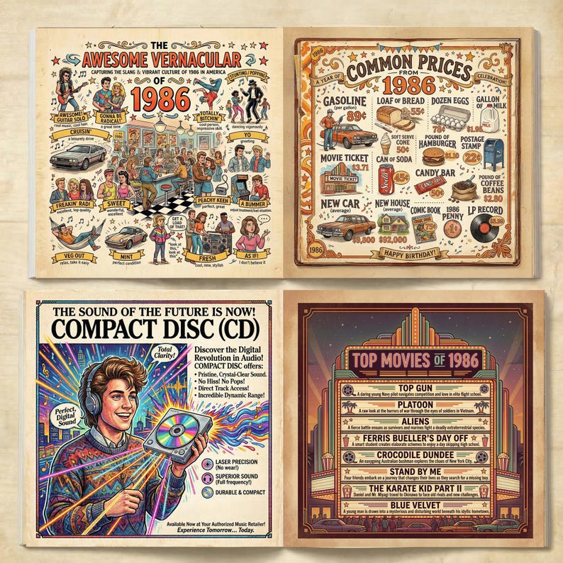 May include: Four vintage-style posters with illustrations and text. One poster highlights 1986 slang and culture, another lists common prices, a third promotes the Compact Disc, and the last showcases top movies of 1986.
