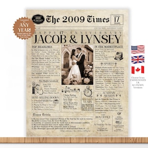 17th Anniversary Gift | 2009 | 17 Years Wedding Anniversary | Anniversary Newspaper Personalized Anniversary Card | Husband & Wife Gift
