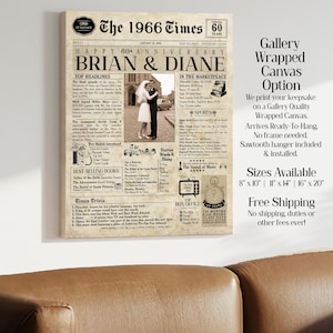 60th Anniversary Gift | 60 Years Anniversary Card | 1966 Personalized Anniversary Card | Husband Gift | Wife Gift | Parent Gift | Newspaper imagem 5
