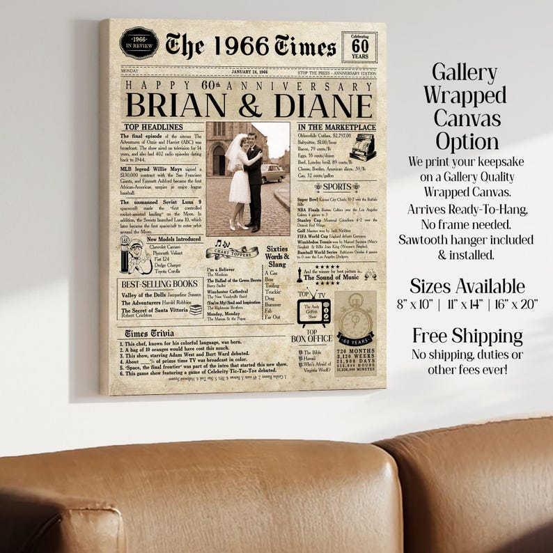 60th Anniversary Gift | 60 Years Anniversary Card | 1966 Personalized Anniversary Card | Husband Gift | Wife Gift | Parent Gift | Newspaper imagem 5