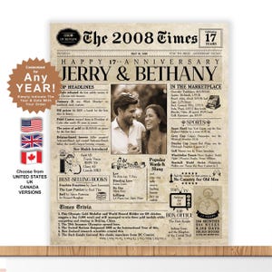 17th Anniversary Gift | 2008 | 17 Years Wedding Anniversary | Anniversary Newspaper Personalized Anniversary Card | Husband & Wife Gift