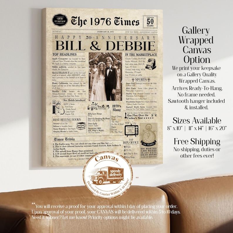 Wedding Anniversary | ANY YEAR Anniversary Gift | Digital Ready To Print or Canvas. Newspaper Personalized Anniversary Card Poster. imagen 5