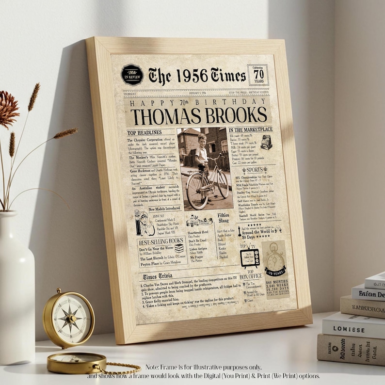 70th Birthday Gift. 1956 70th Birthday Personalized Birthday Newspaper. 70 Birthday Card for Him & Her. 70th Gift for Men and Women. image 7