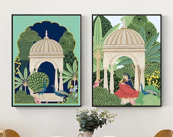Indian Art Pichwai Painting Set of 2 Printable Wall Art decor, Indian Folk art, India wall art decor, Vibrant Prints, Mughal art Print
