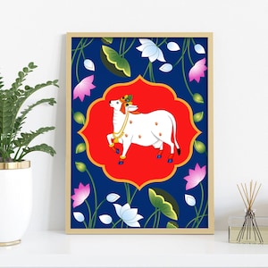 Indian Art Pichwai Painting Printable Wall Art decor, Indian Folk art, India wall art decor, Vibrant Prints, Gomatha, Holy cow art Print
