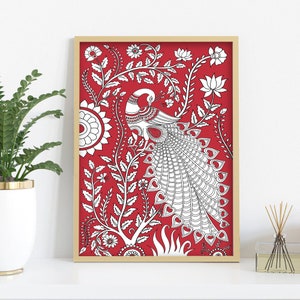 Kalamkari Peacock Painting Wall Art, Peacock poster print, Indian Folk art, Line drawing, Tree of Life