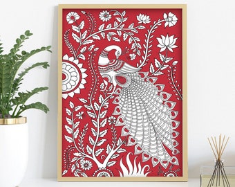 May include: Framed art print featuring a peacock illustration. The artwork showcases a peacock with an elaborate tail, set against a vibrant red background. The peacock and surrounding floral elements are rendered in white, creating a striking contrast.