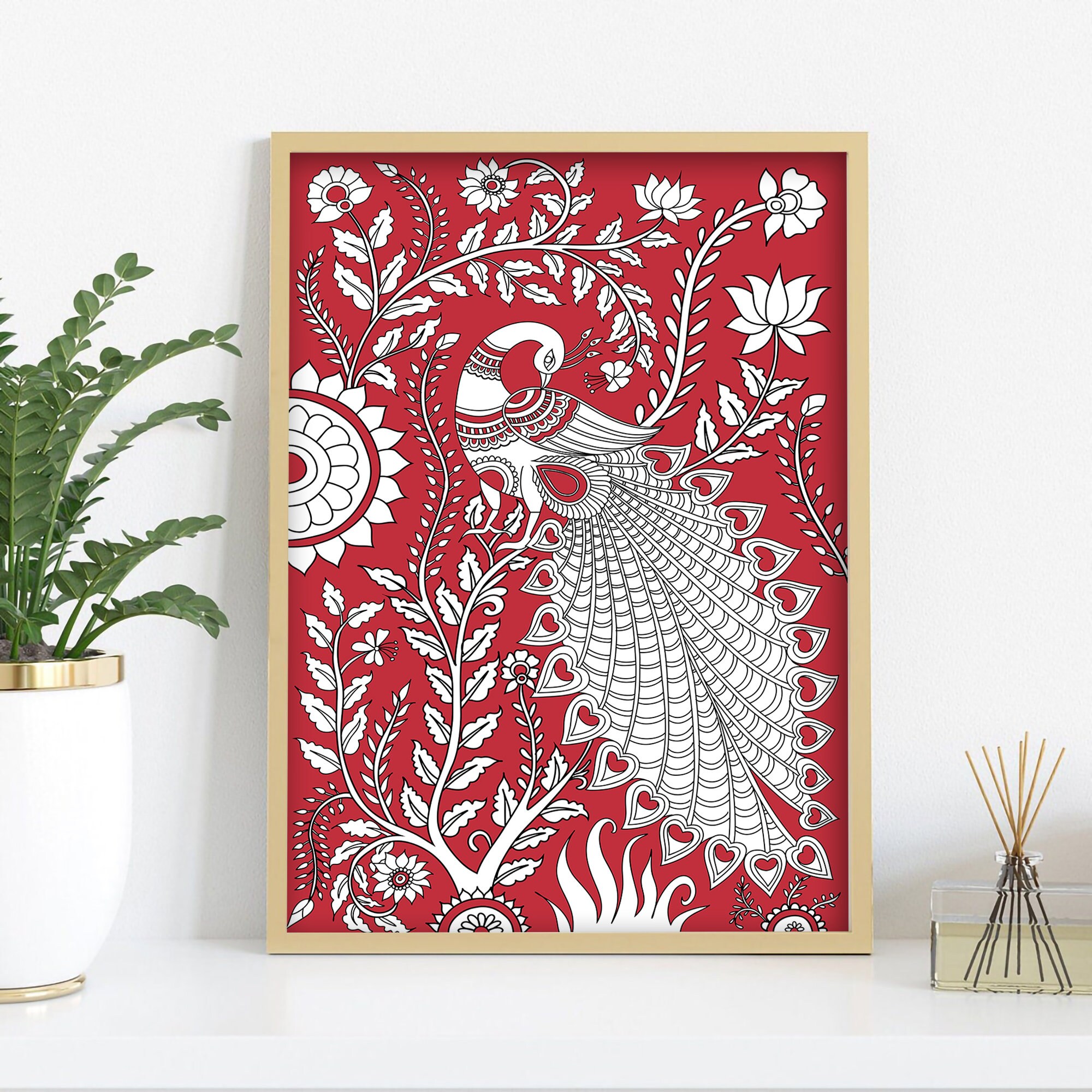 Kalamkari Peacock Painting Wall Art, Peacock poster print, Indian Folk art, Line drawing, Tree of Life