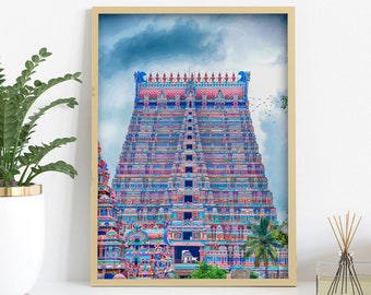 South Indian Temple Art Printable, Living room decor, Instant Download, Travel Poster, Tamilnadu Temple Architecture, Digital Oil Painting