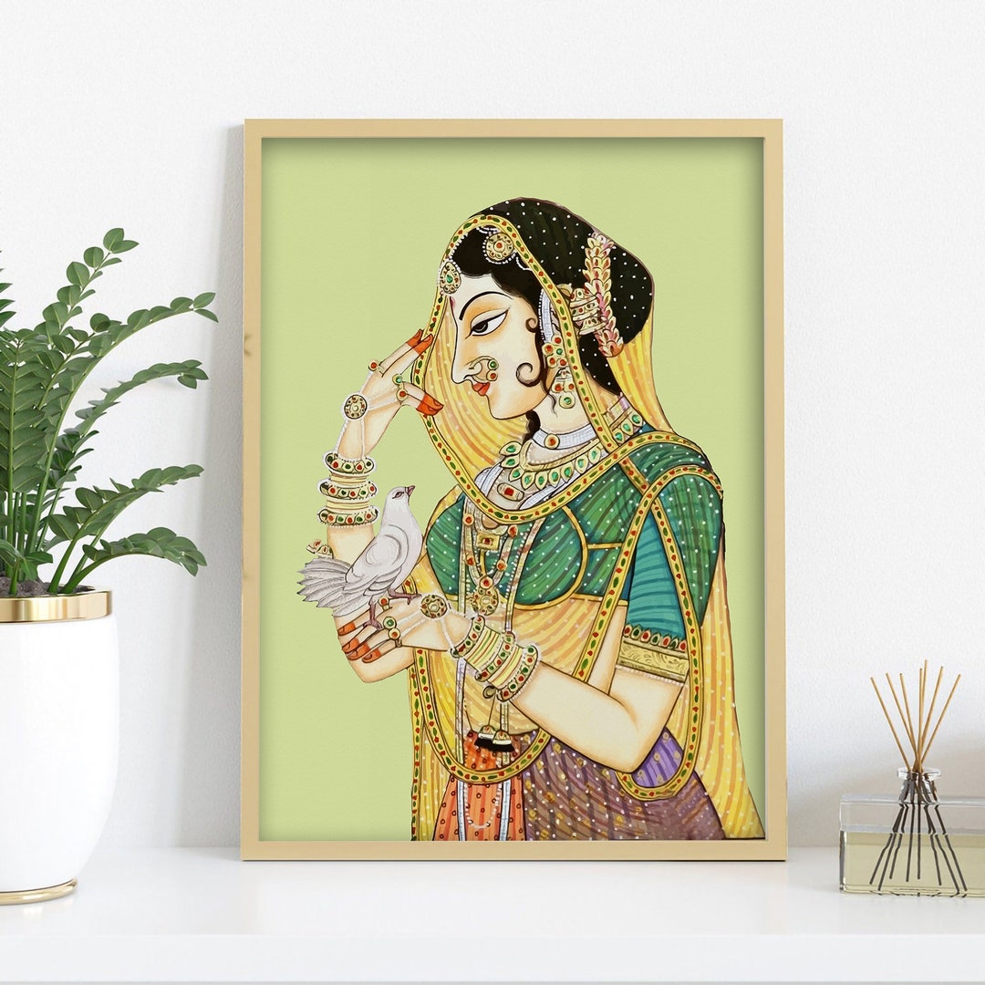 Indian Folk Wall Art of Royal Princess With Pigeon Indian Prints Wall